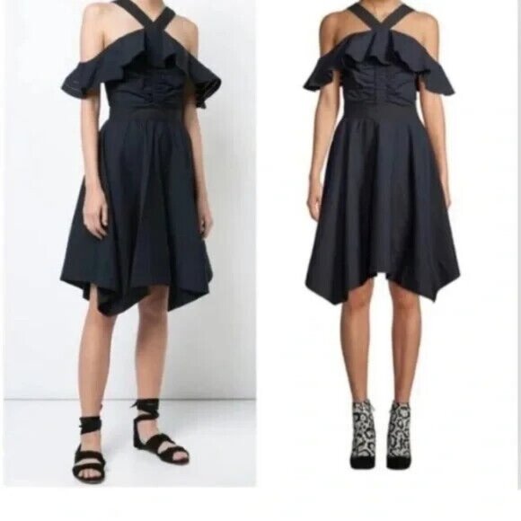 Derek Lam 10 Crosby Lo Black Cold Shoulder Ruffle Fit & Flare Dress, NWT Size 6 - Picture 1 of 6